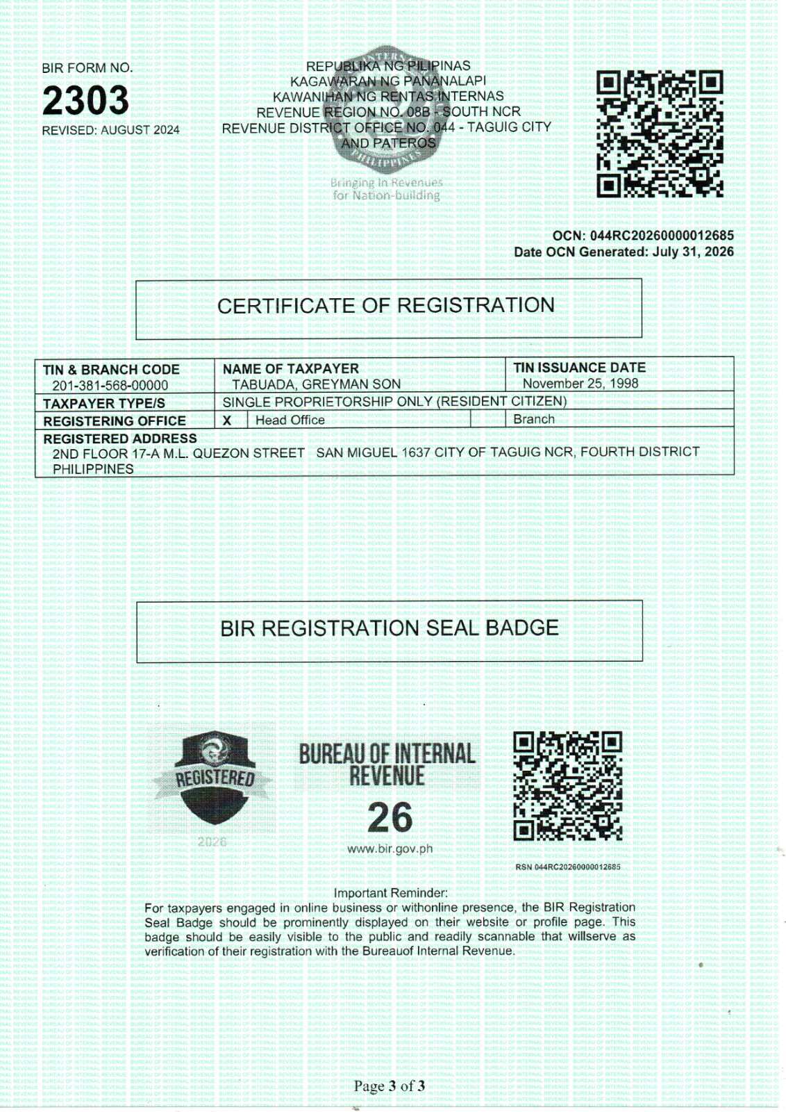 BIR Form 2303 Registration Seal Badge for Greyson's Cupcakes and Pastries Shop