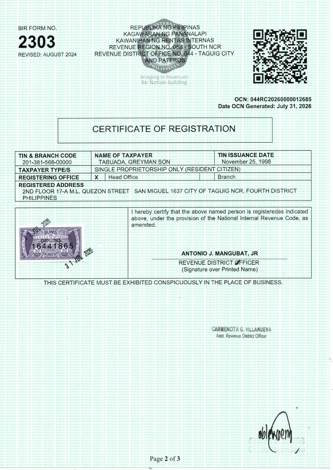BIR Form 2303 Certificate of Registration Page 2 of 3