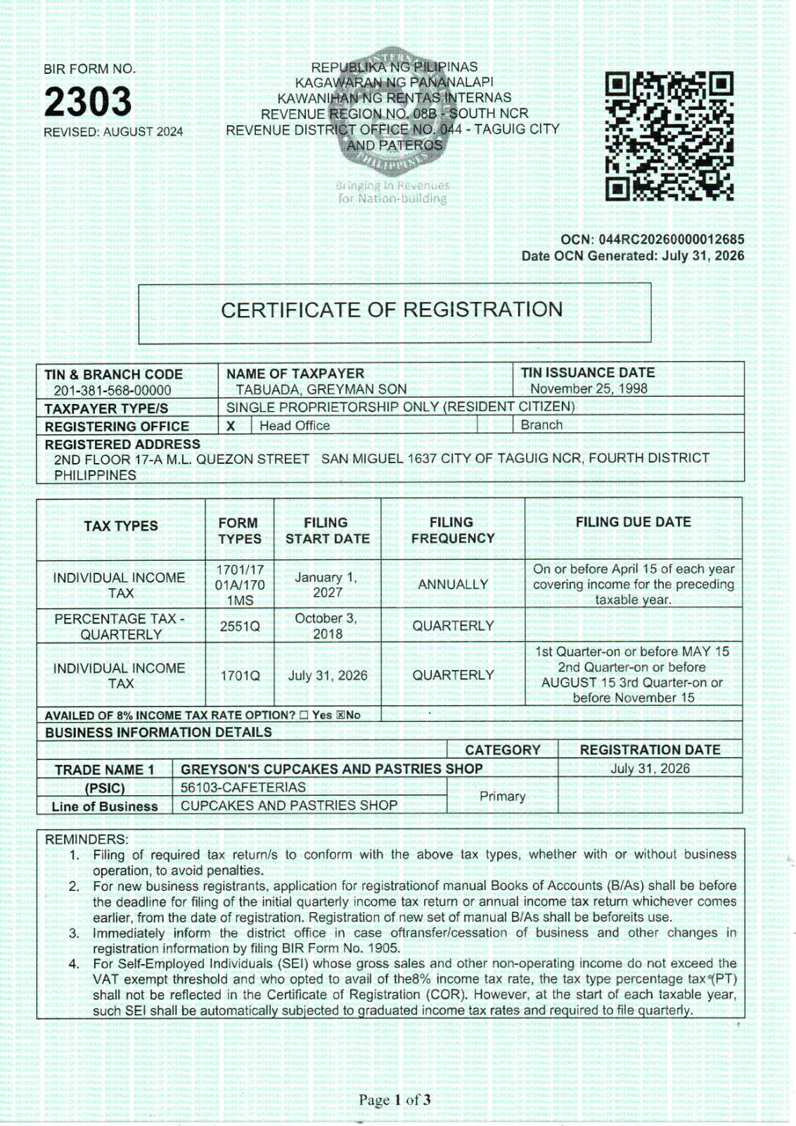BIR Form 2303 Certificate of Registration Page 1 of 3