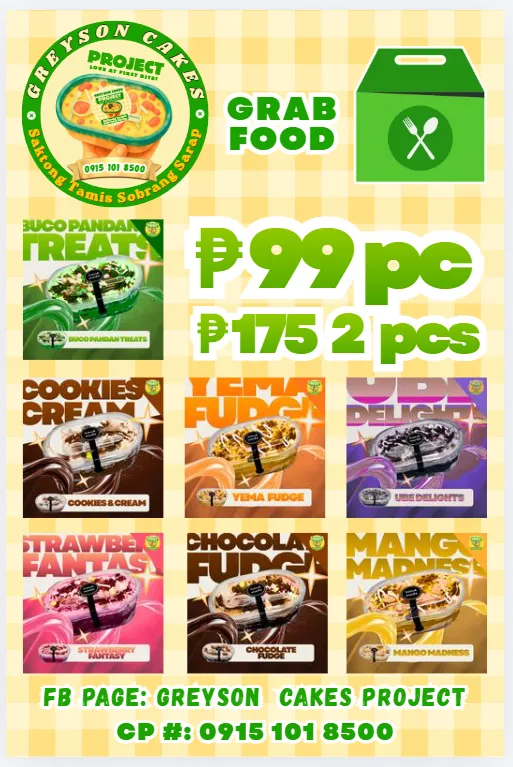 Greyson Cakes Project Full Menu Poster with GrabFood and Prices